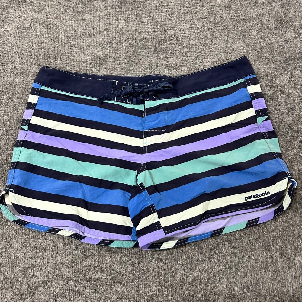 Patagonia Board Shorts Womens Size 8 Blue Striped Recycled Nylon Swim Beach